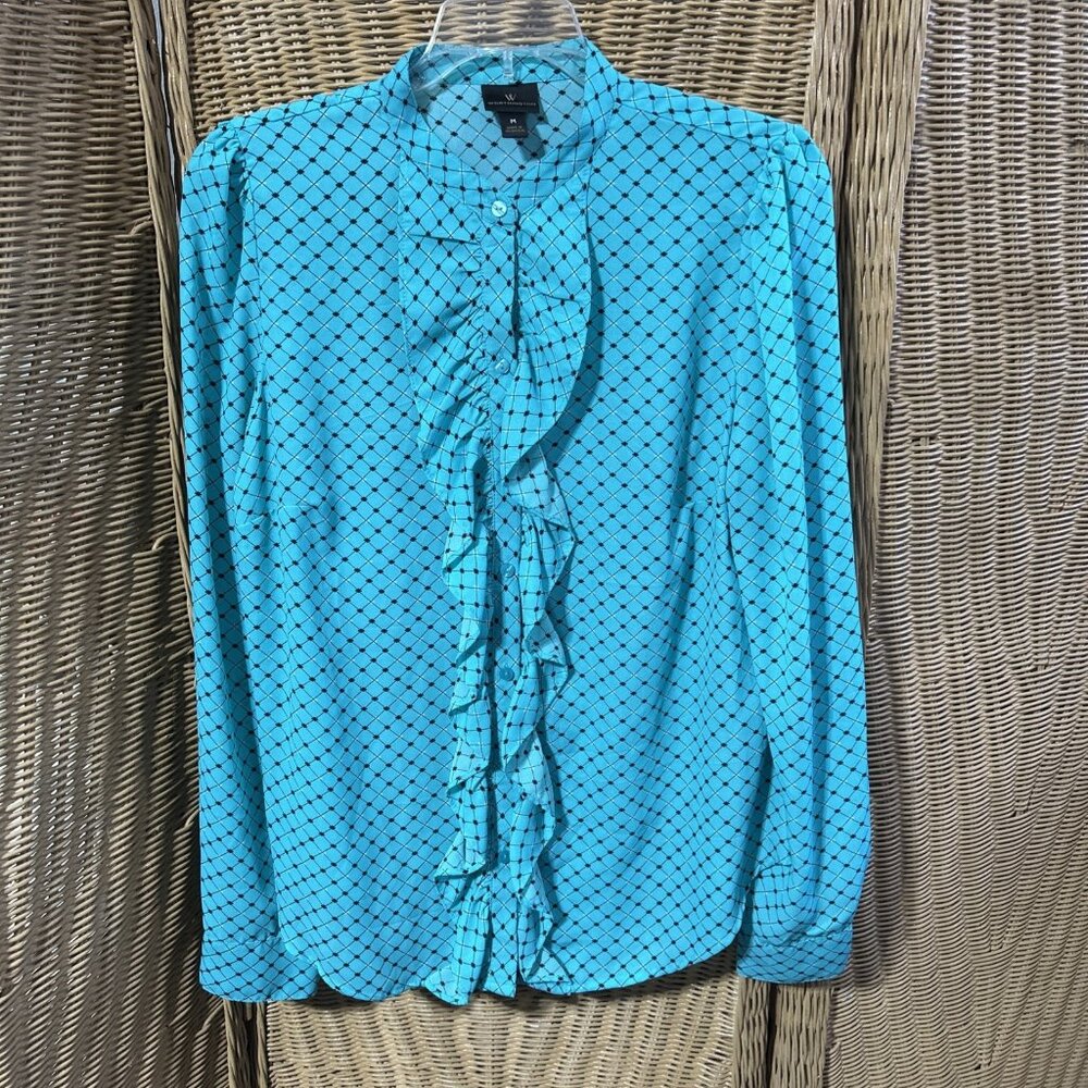 Vintage Women's 1970 Turquoise Blouse With Ruffled Front Medium Worthington
